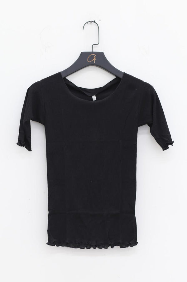 BASERANGE Round neck ruffled ribbed cotton T-shirt TOPA series collection France BAS-TOPA-RB-000-HEI Black